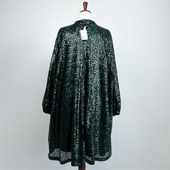 H&M Green Sequin Long Sleeve A-Line Mock Neck Mini Dress NWT - Picture 9 of 11